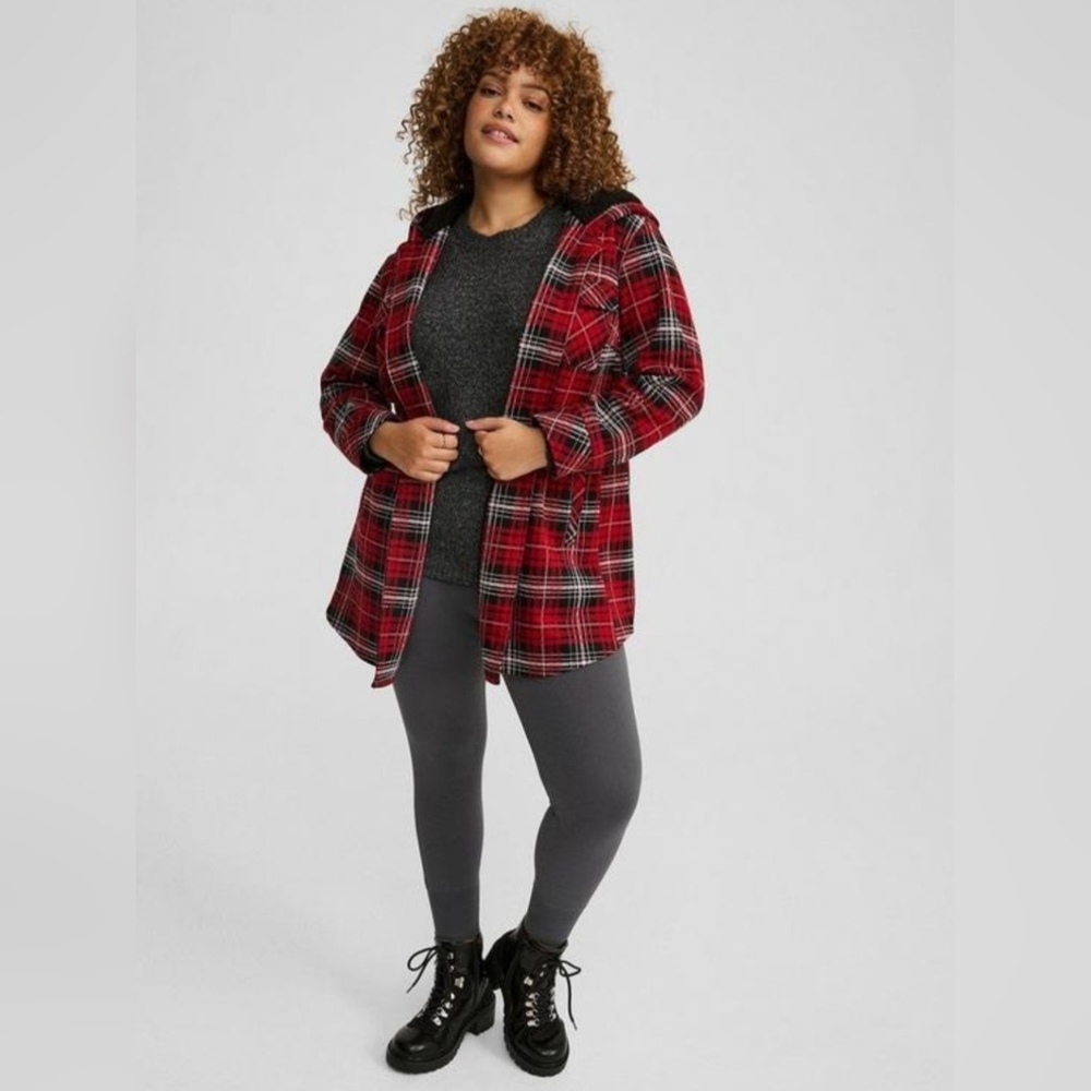 Torrid Red & Black Plaid Hooded Jacket Shacket Coat